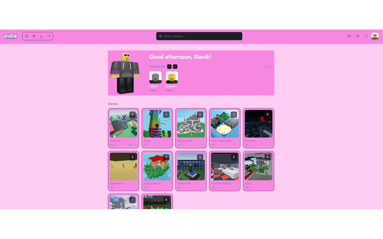 Vortex home page with a custom pink theme applied, showing friends and the pinned games row