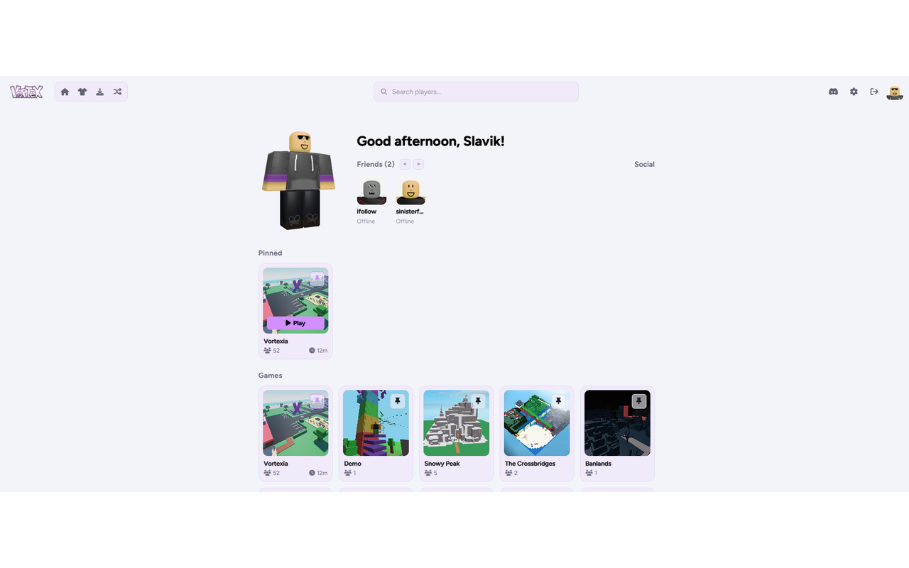 Home page showing a pinned Vortexia game card with a quick play button and 12 minutes of tracked playtime