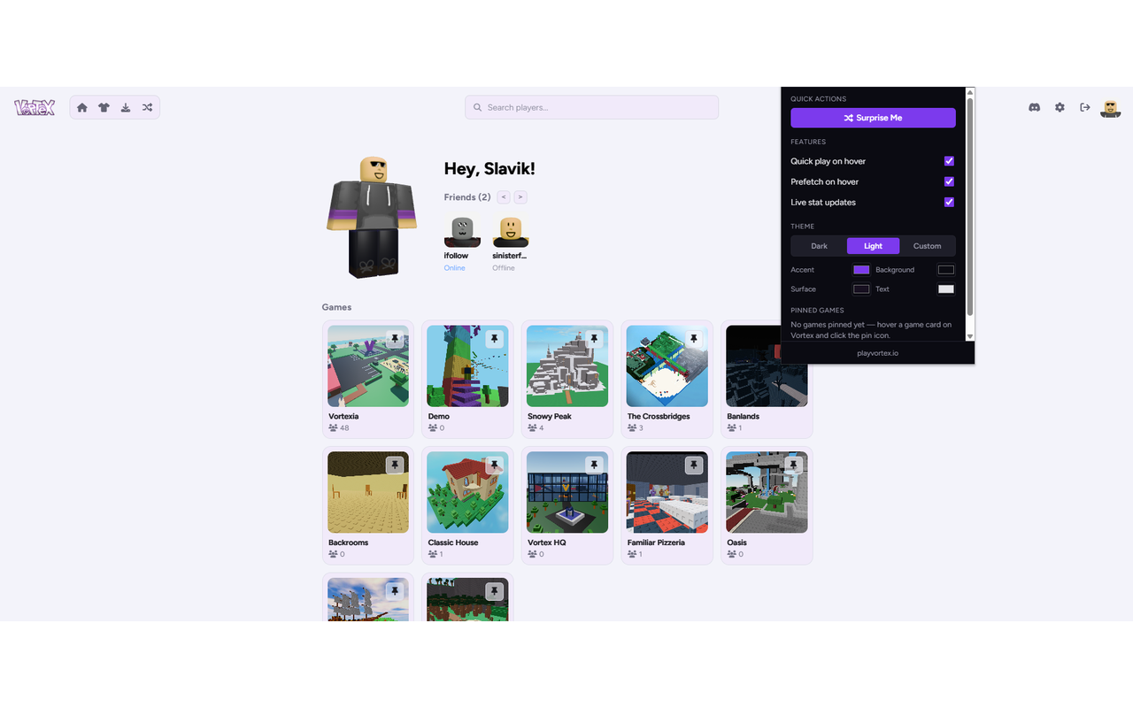 The IFV toolbar popup showing quick actions, feature toggles, theme creator, and pinned games