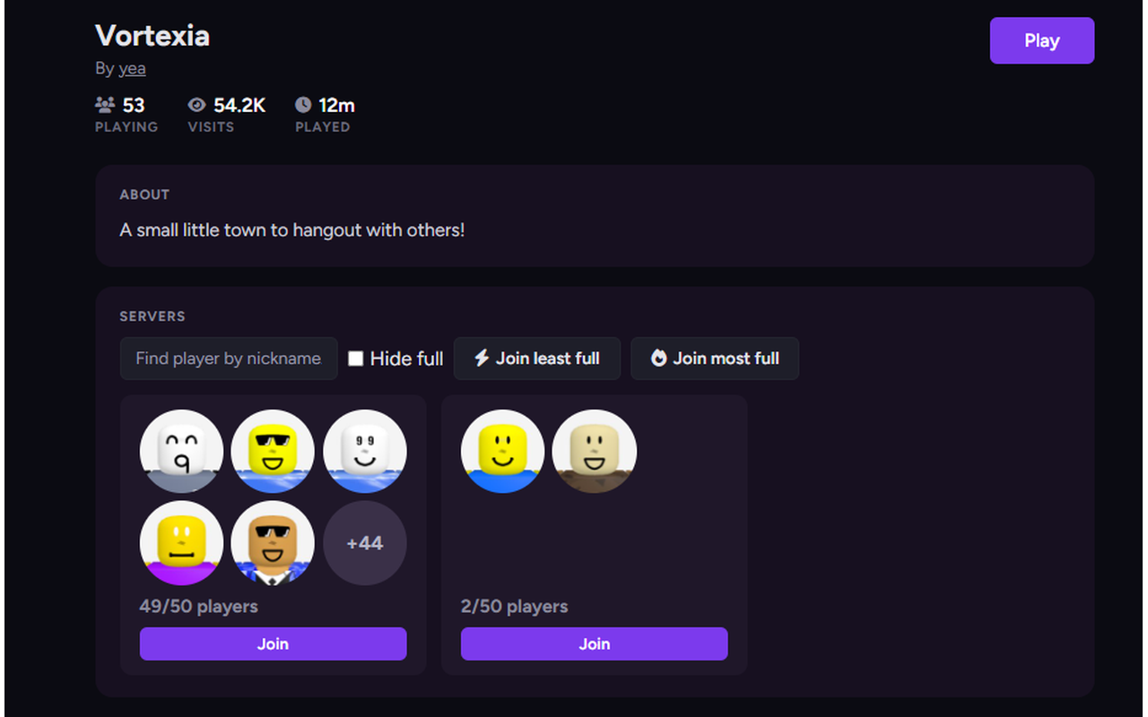 Game detail page with an enhanced server browser: search by nickname, hide full, join least full, join most full